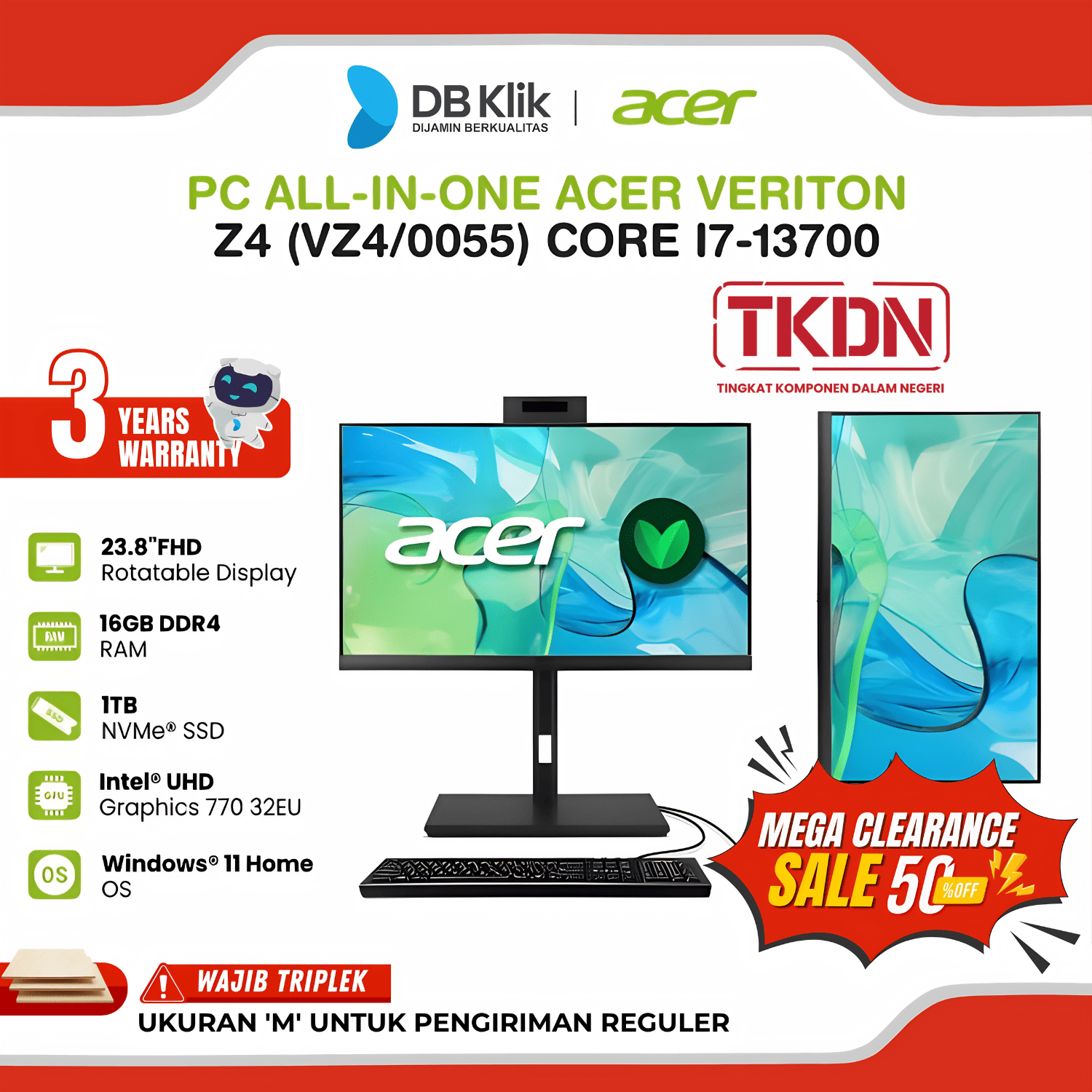 PC AIO ACER Veriton Z4 (VZ4/0055) INTEL Core i7-13700 16GB DDR4/1TB M.2 INTEL UHD Windows 11 Home 23.8" FHD TKDN