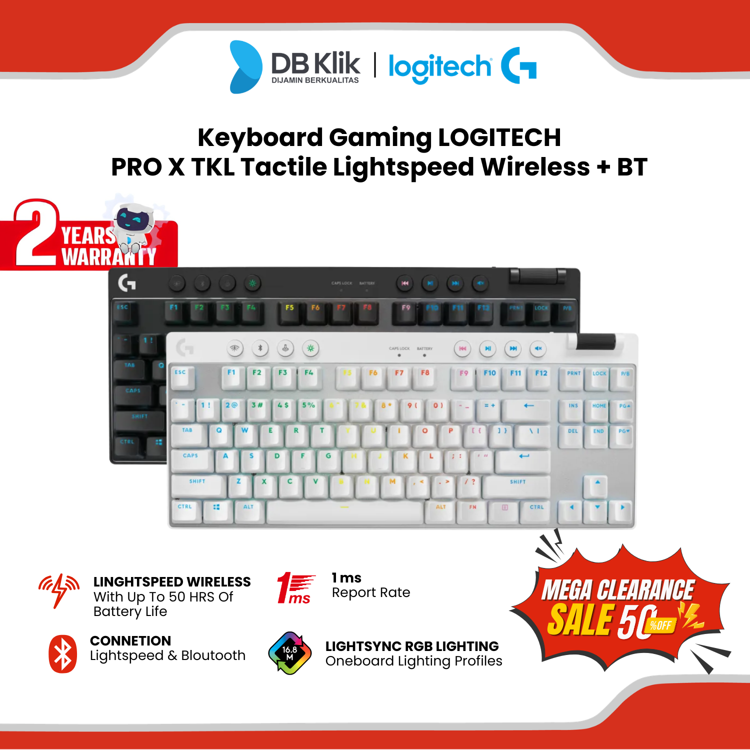 Keyboard Gaming LOGITECH PRO X TKL Tactile Lightspeed Wireless + BT