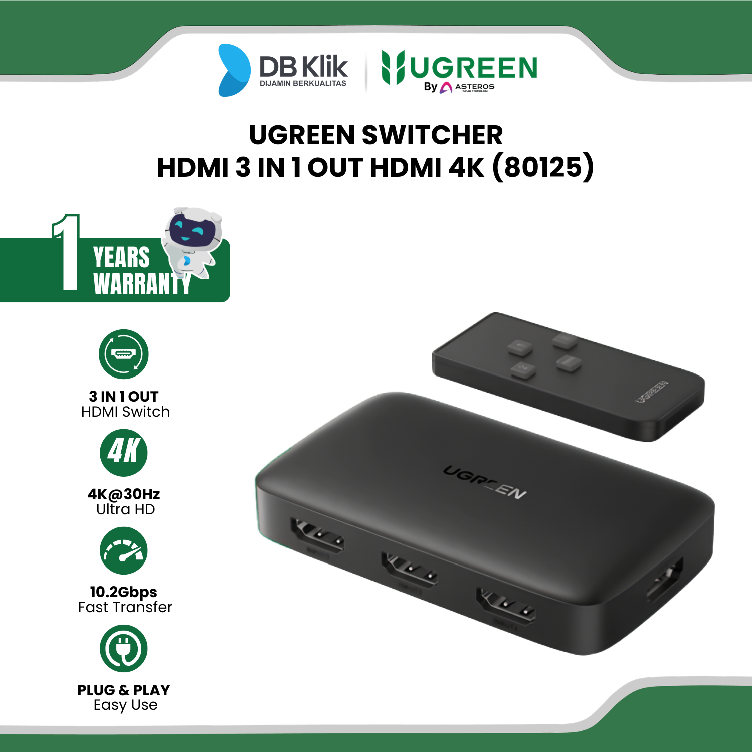 Switcher HDMI UGreen 3 In 1 Out HDMI 4K (80125)
