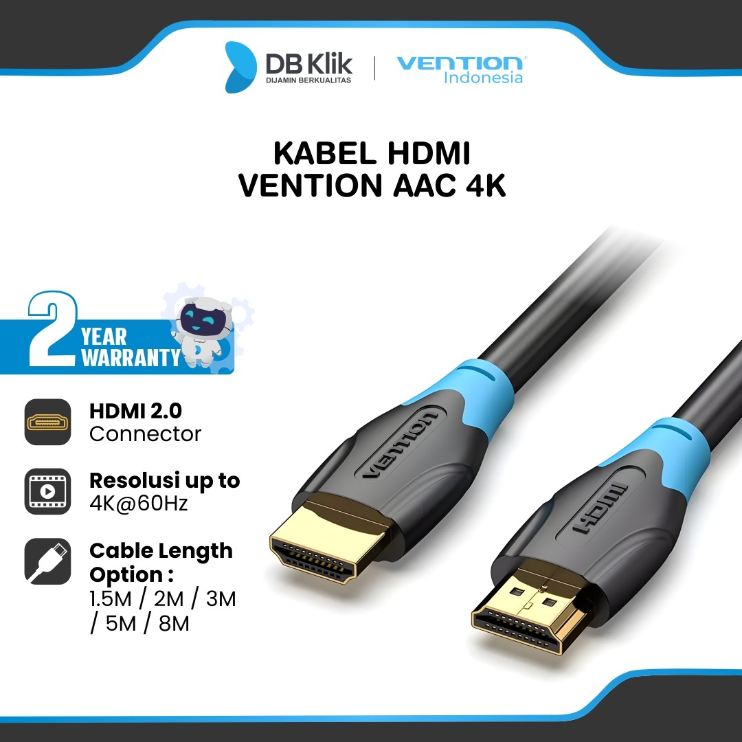 Kabel HDMI Vention AAC 1.5M / 2M / 3M / 5M / 8M Male to Male 4K 60Hz - Kabel HDMI Ultra HD Round Black AACBG / AACBH / AACBI / AACBJ / AACBK