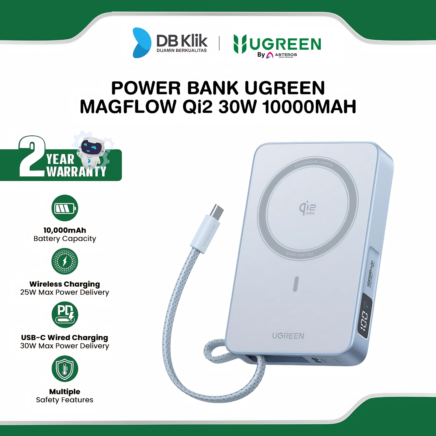 Power Bank UGreen MagFlow QI2 30W 10000mAh Built in USB-C Cable - Silver / 65958b