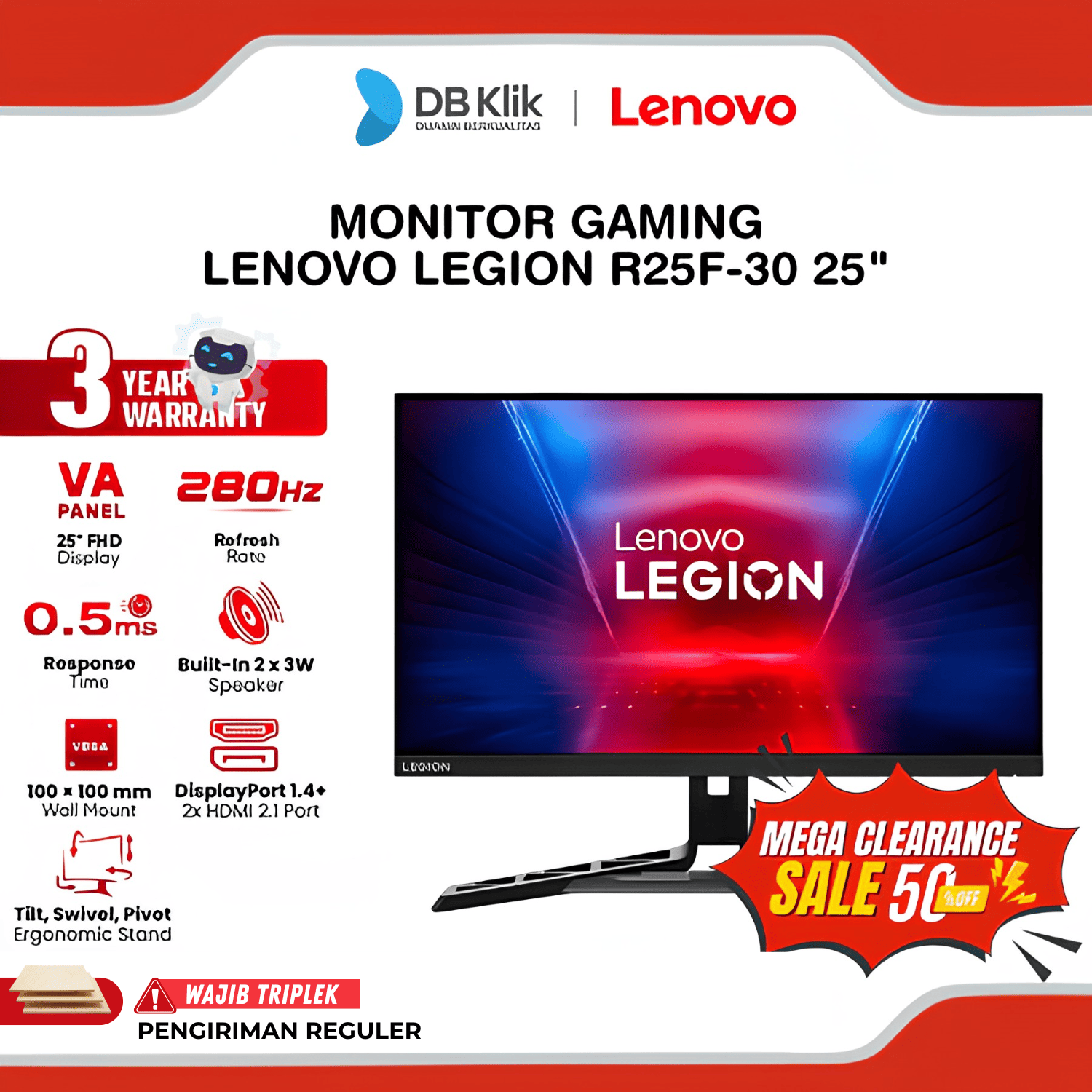 Monitor Gaming LENOVO Legion R25F-30 25" VA FHD 280Hz 0.5ms AMD FreeSync Premium HDR10 Built in Speaker Full Ergonomic Stand HDMI DP