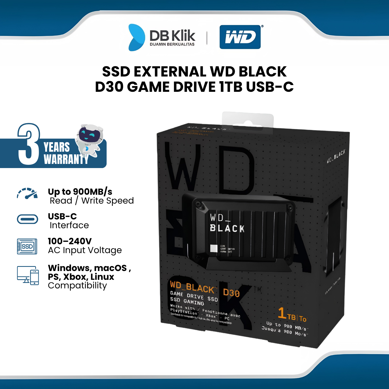 SSD External WD BLACK D30 1TB Game Drive USB3.2-WD BLACK 1TB D30 USB C