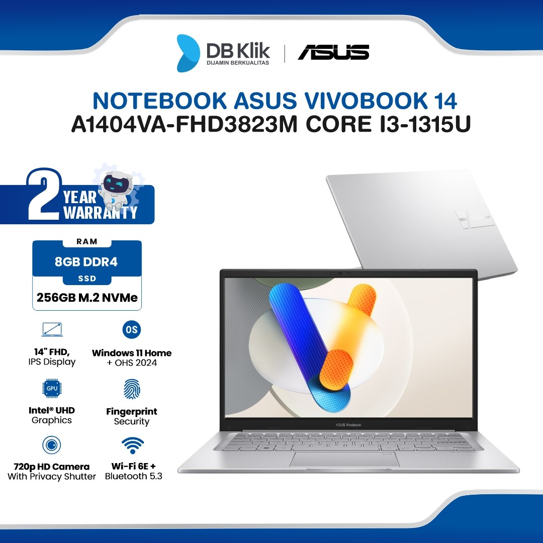 Notebook ASUS Vivobook 14 A1404VA-FHD3823M INTEL Core i3-1315U 8GB DDR4/256GB M.2 NVMe INTEL UHD Windows 11 Home + Microsoft Office Home Student 2024 14" FHD IPS - Cool Silver