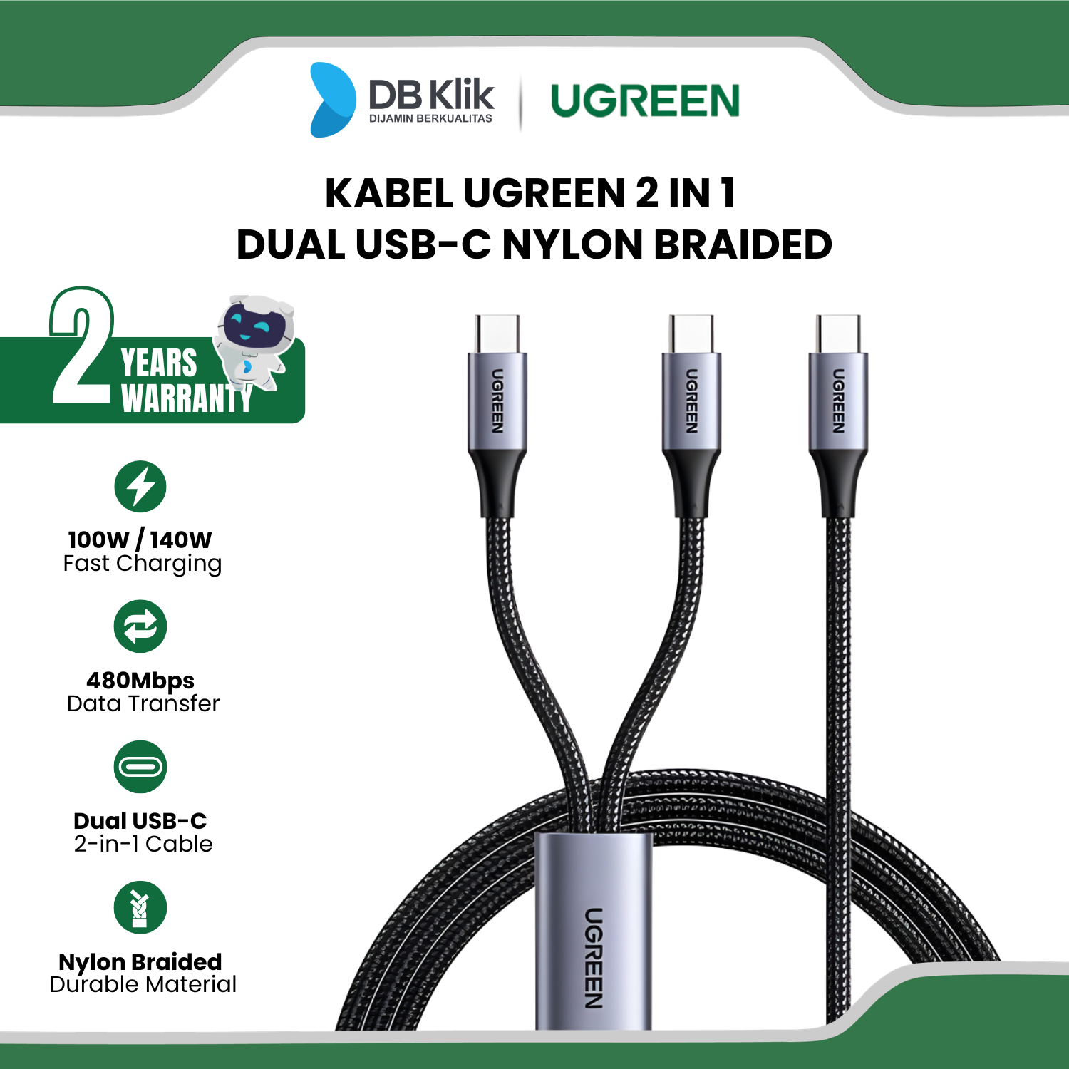 Kabel UGreen 2 in 1 Dual USB-C Nylon Braided