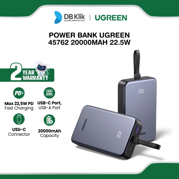 Power Bank UGreen 20000mAh 22.5W PD QC 3.0 Fast Charging Built In USB-C Cable - Grey (45762)