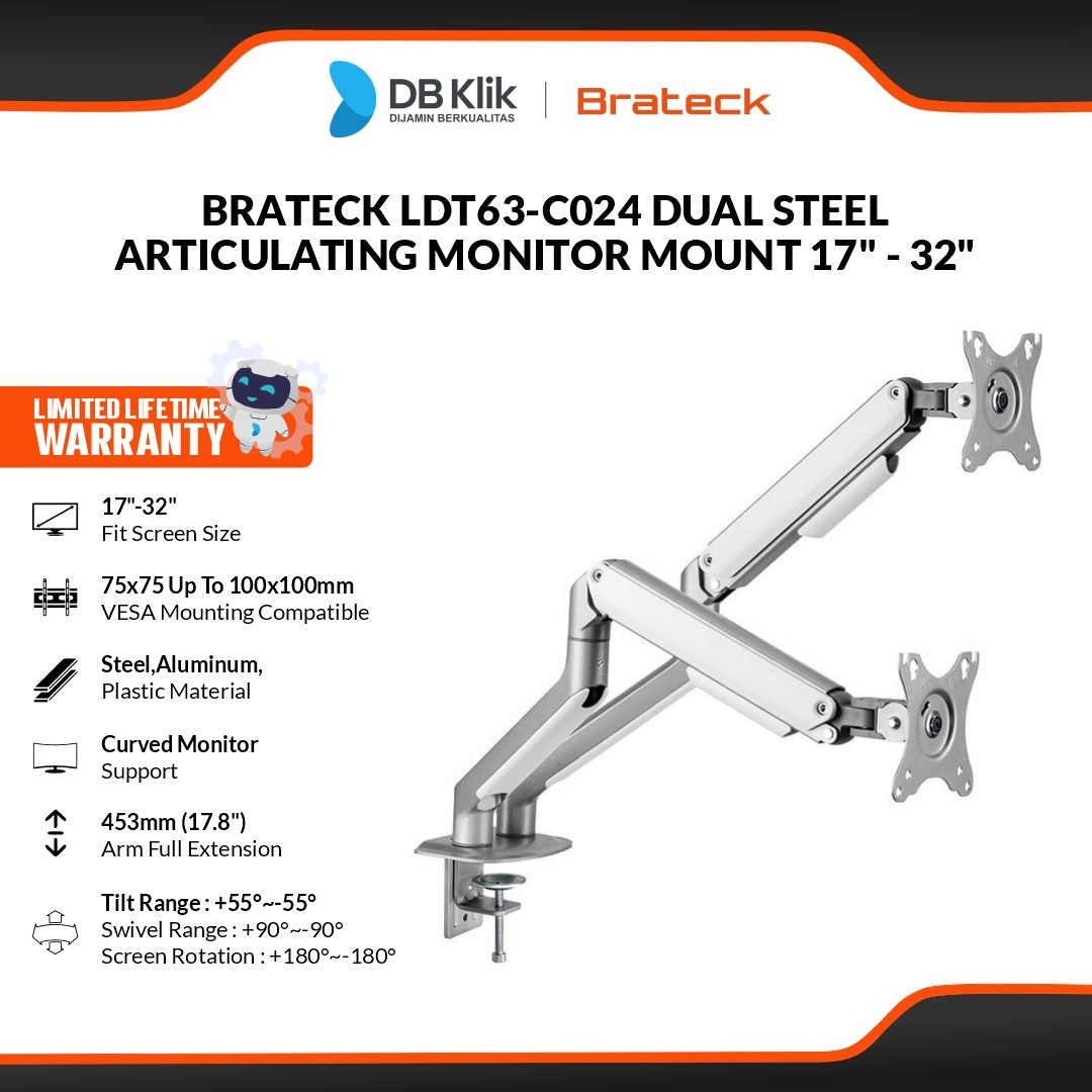 Brateck LDT63-C024 Bracket Monitor Dual Steel Articulating Monitor Mount for 17" - 32"