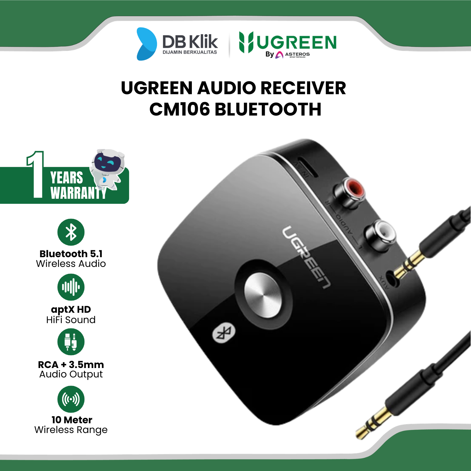 Audio Receiver UGreen CM106 Bluetooth 5.1 APTX Aux 3.5mm RCA (40759)