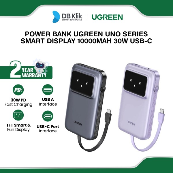 Power Bank UGreen UNO Series Smart Display 10000mAh 30W PD Fast Charging Built In USB-C Cable - Grey (35603B) / Purple (35604B)