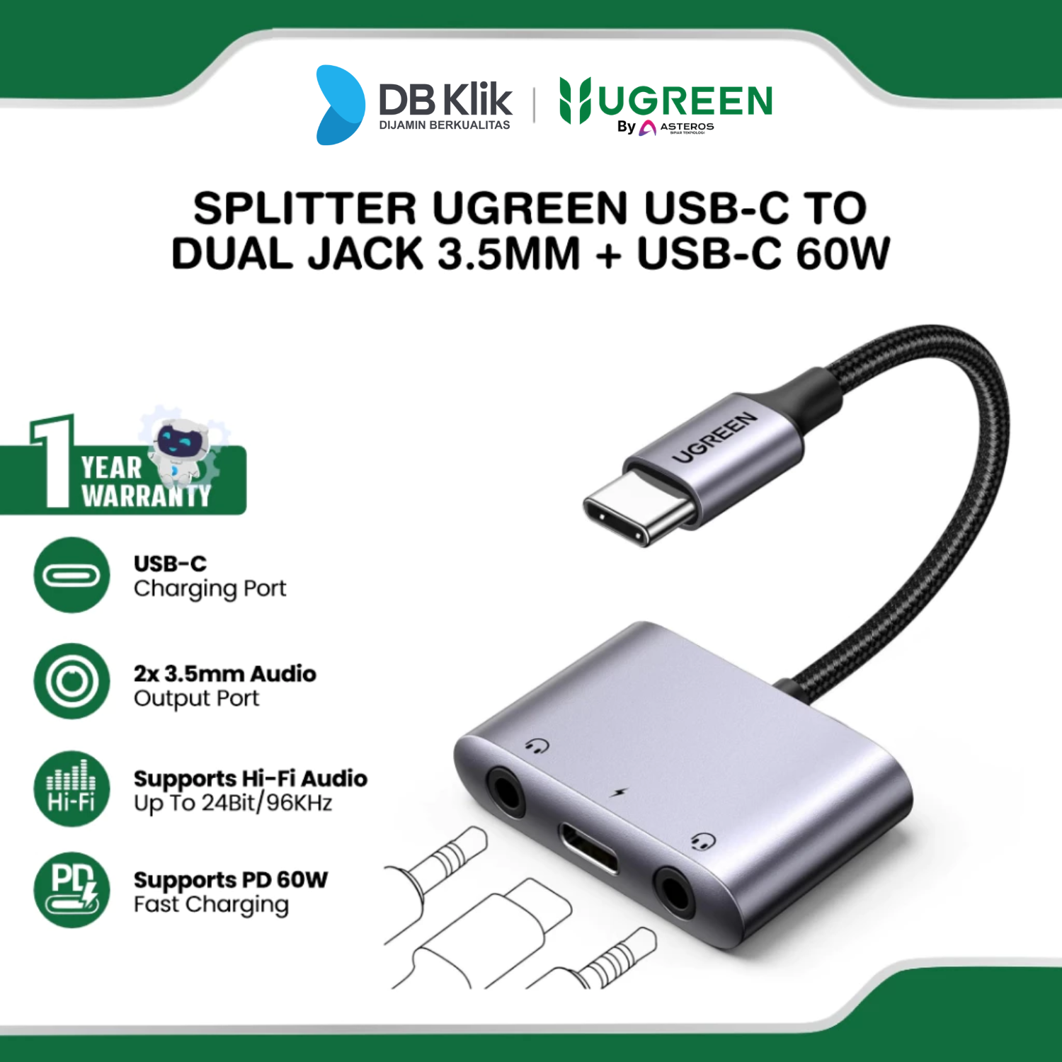 Splitter Audio Adapter UGreen Type-C To Dual Jack 3,5MM + PD Usb-C 60W (25838)