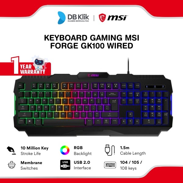 Keyboard Gaming MSI Forge GK100 Wired Membrane Switches - MSI Forge GK 100