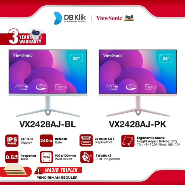 Monitor Gaming VIEWSONIC VX2428AJ-BL | VX2428AJ-PK 24" IPS FHD 240Hz 0.5ms AMD FreeSync + NVIDIA G-Sync HDR10 Built in Speaker Full Ergonomic Stand HDMI DP
