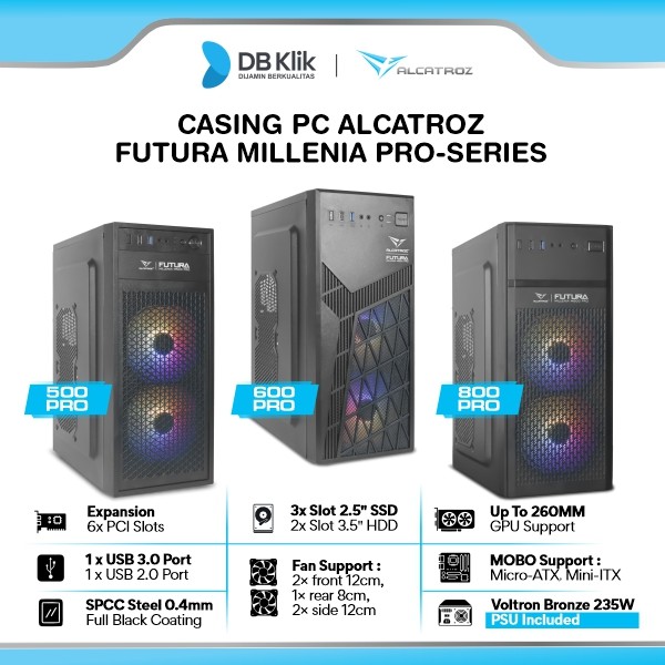 Alcatroz Futura Millenia M500 / M600 / M800 PRO Casing PC m-ATX Include Pre-Installed 2 Fan RGB + PSU Voltron Bronze 235OEM