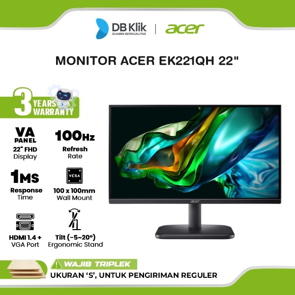 LED Monitor ACER EK221QH 22" 100Hz VA 1ms FHD HDMI VGA