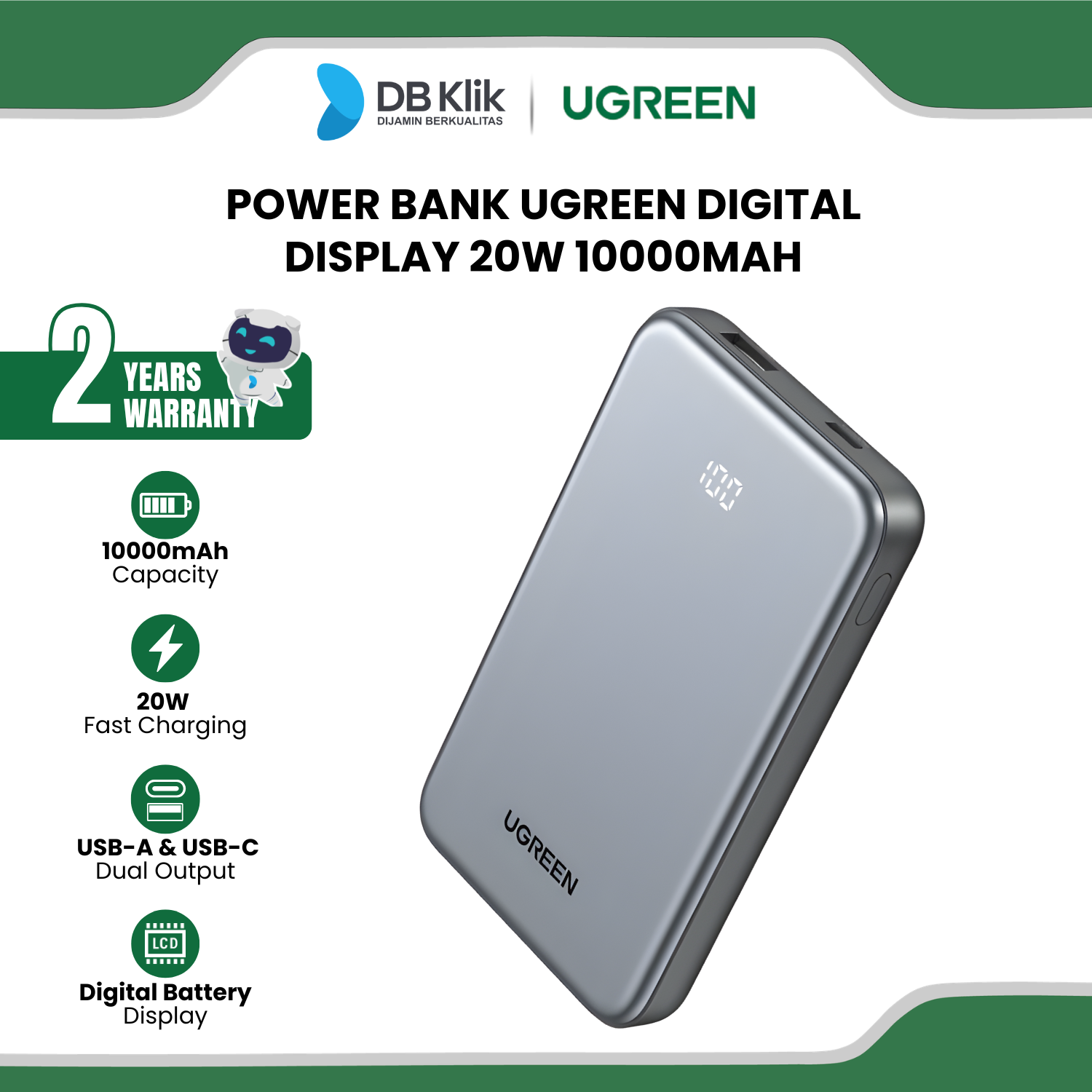 Power Bank UGreen Digital Display 20W 10000mAh Include USB-C Cable - Black (75131b)