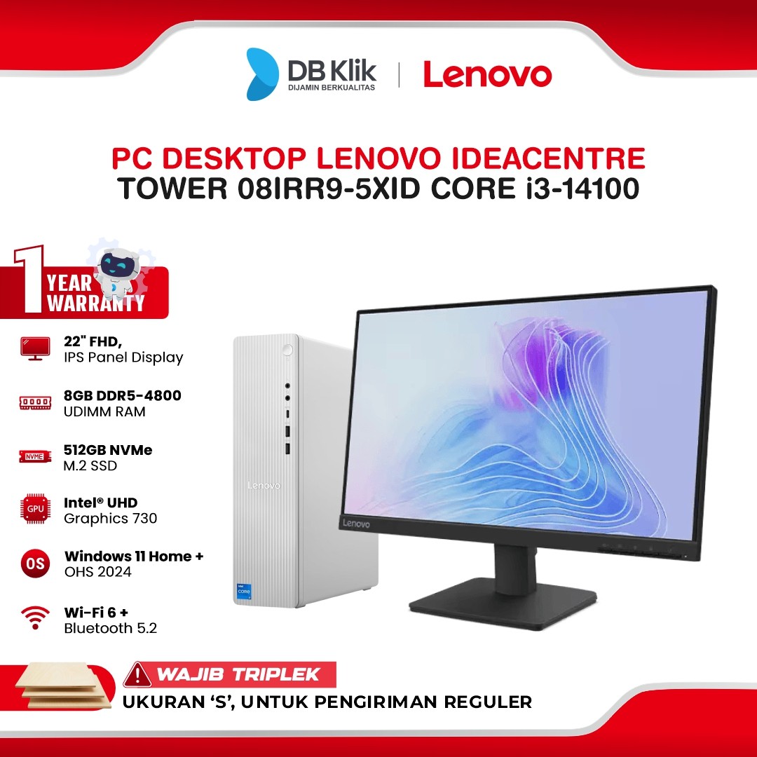 PC Desktop Lenovo IdeaCenter Tower 08IRR9-5XID INTEL Core i3-14100 8GB DDR5/512GB M.2 NVMe INTEL UHD Windows 11 Home + Microsoft Office Home Student 2024 With Monitor L22-4e 22" FHD IPS