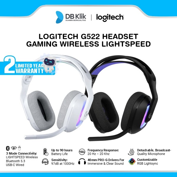 Logitech G G522 Headset Gaming Wireless Lightspeed Bluetooth Built in Microphone Lightsync RGB