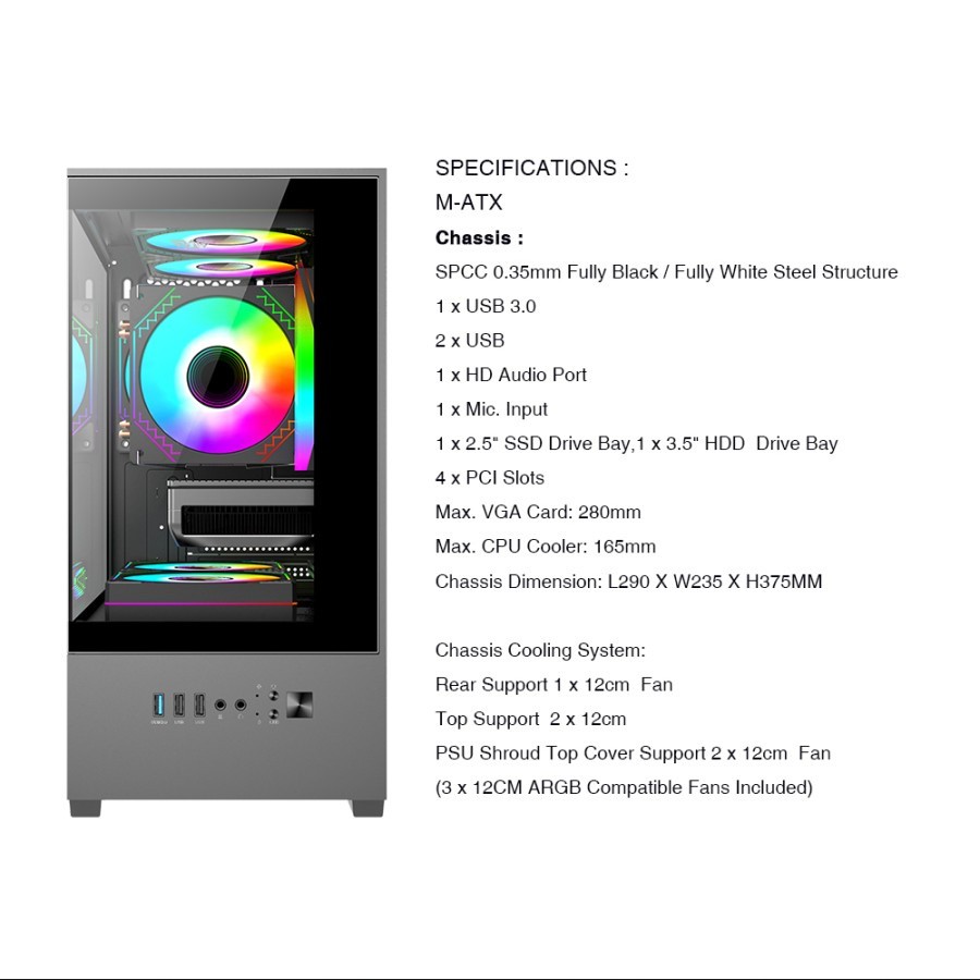 Casing PC Gaming Armaggeddon Aquaron Duplex One m-Atx Include Argb Fan